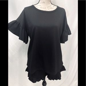 Main Strip Black Coordinating Short Set Ruffle Trim Short Sleeve